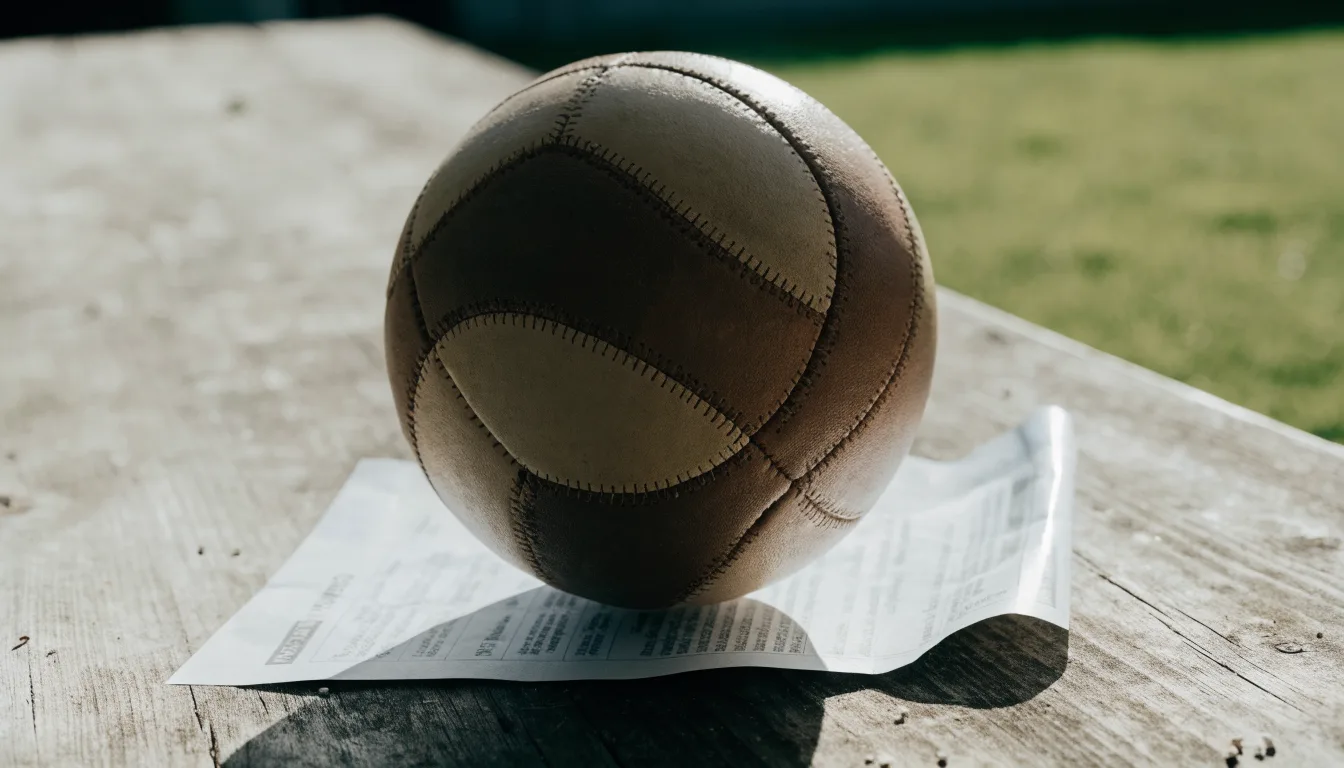 Uma bola de futebol pousada sobre um talão de apostas em branco numa mesa de madeira, à luz do dia