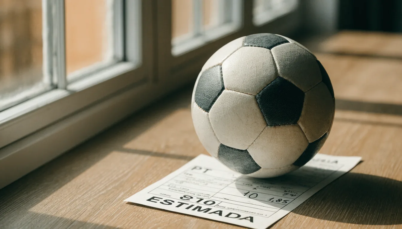 Uma bola de futebol pousada sobre um talão de apostas em branco numa mesa de madeira, à luz do dia