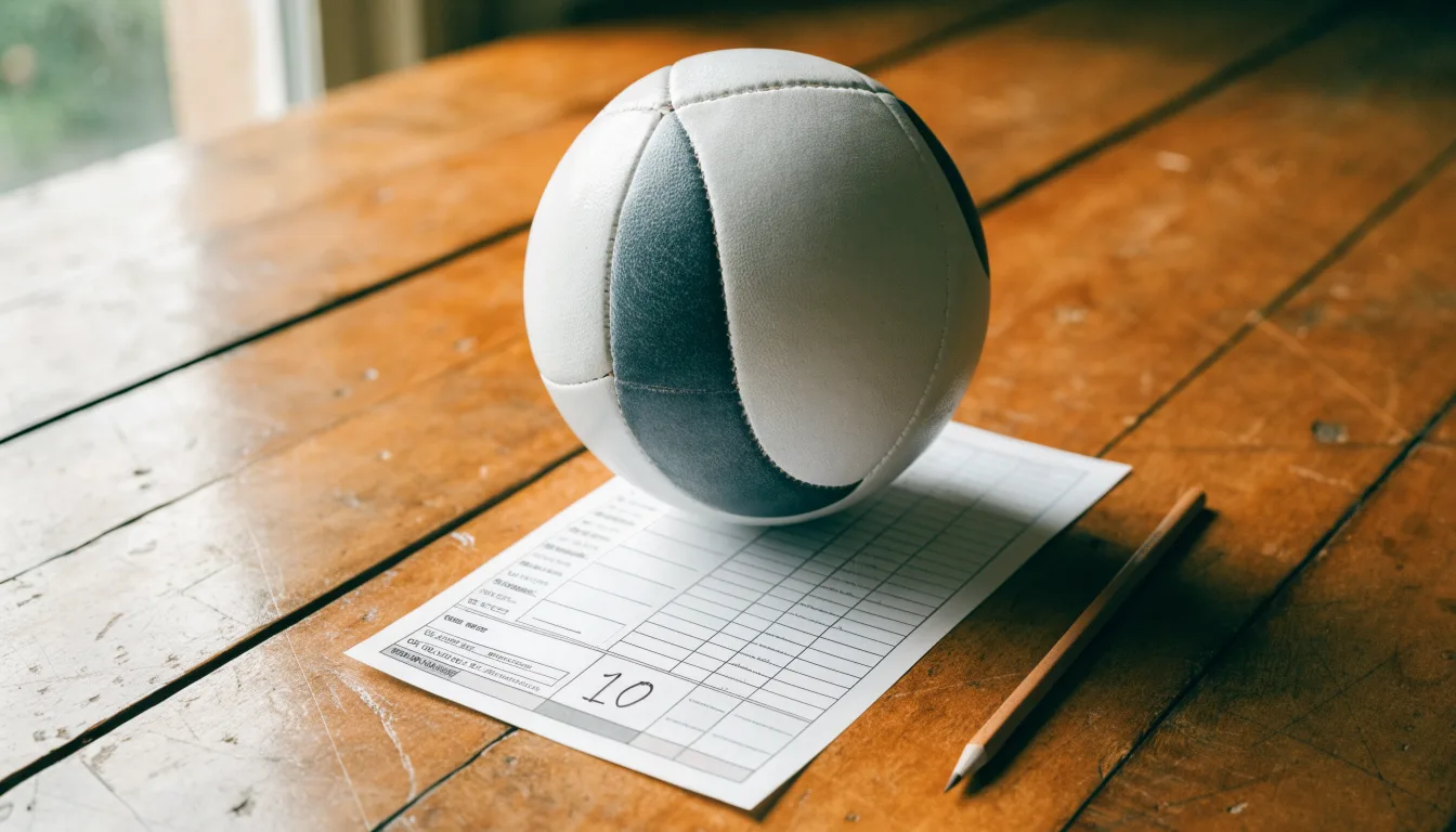 Uma bola de futebol pousada sobre um talão de apostas em branco numa mesa de madeira, à luz do dia