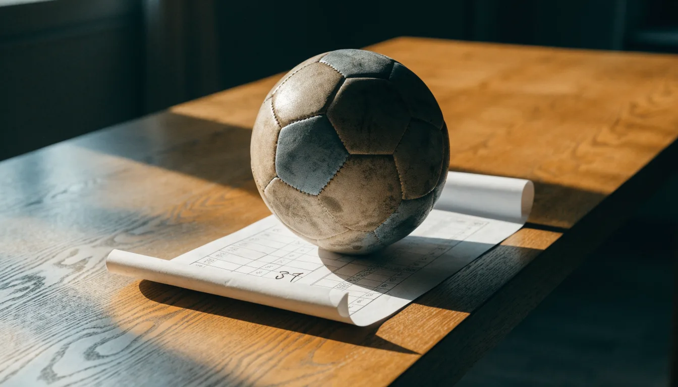 Uma bola de futebol pousada sobre um talão de apostas em branco numa mesa de madeira, à luz do dia