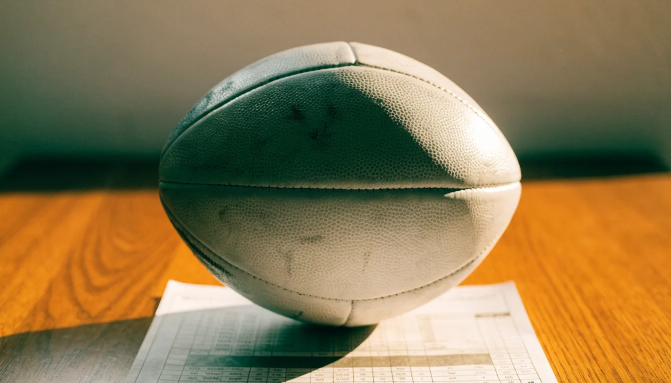 Uma bola de futebol pousada sobre um talão de apostas em branco numa mesa de madeira, à luz do dia
