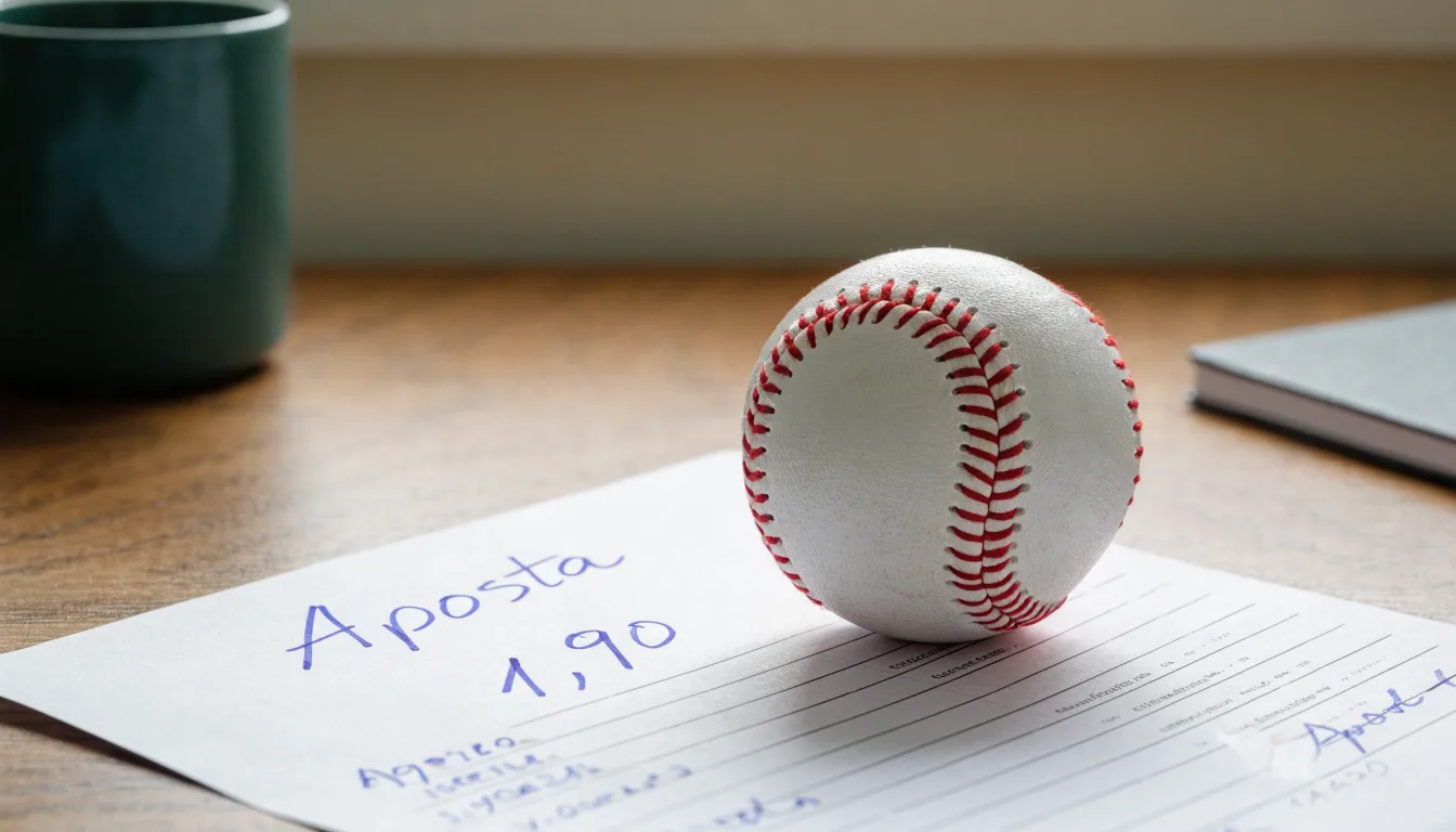 Uma bola de futebol pousada sobre um talão de apostas em branco numa mesa de madeira, à luz do dia
