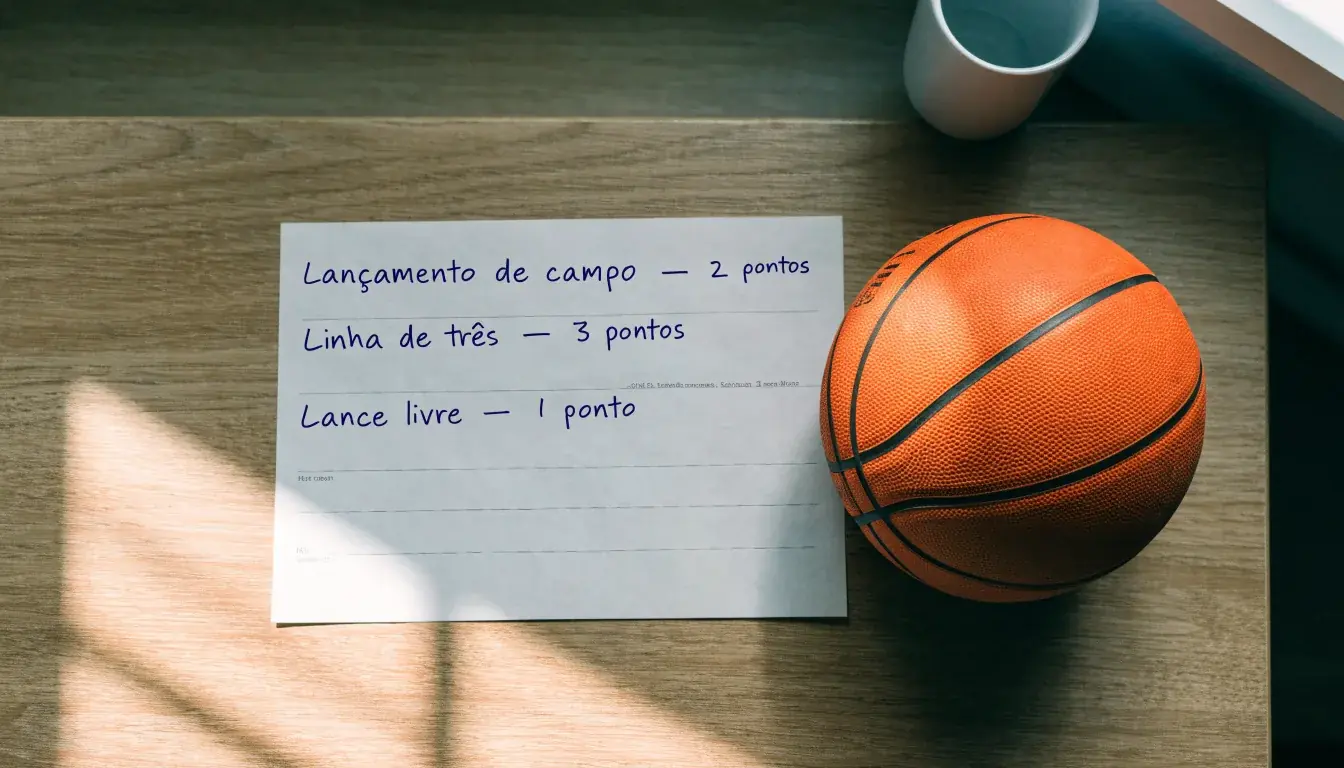 Uma bola de futebol pousada sobre um talão de apostas em branco numa mesa de madeira, à luz do dia