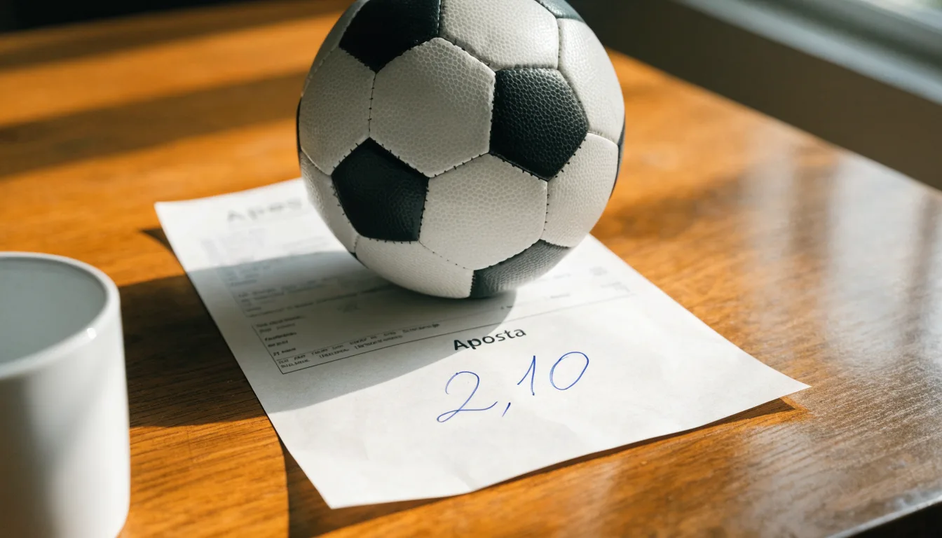 Uma bola de futebol pousada sobre um talão de apostas em branco numa mesa de madeira, à luz do dia