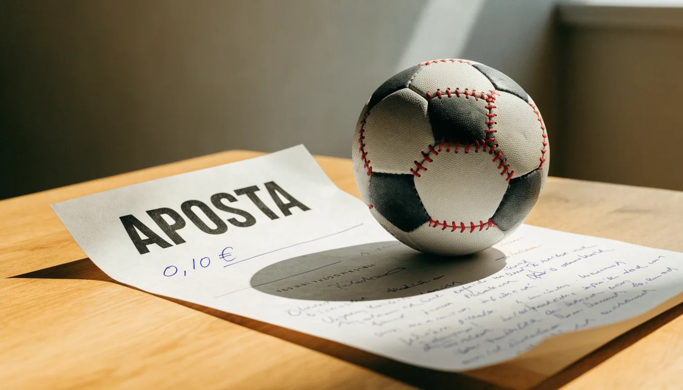 Uma bola de futebol pousada sobre um talão de apostas em branco numa mesa de madeira, à luz do dia
