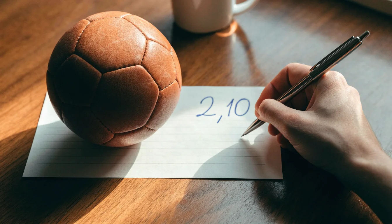 Uma bola de futebol pousada sobre um talão de apostas em branco numa mesa de madeira, à luz do dia