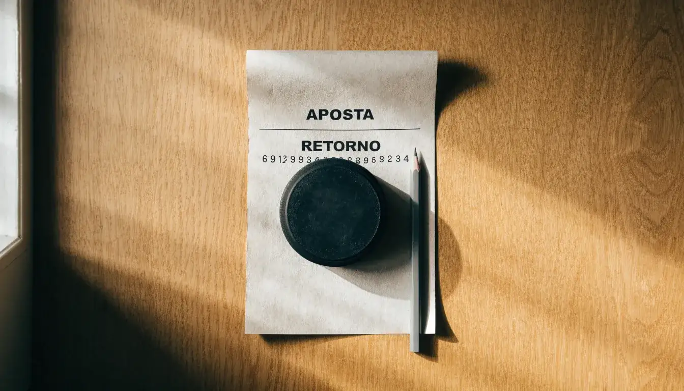 Uma bola de futebol pousada sobre um talão de apostas em branco numa mesa de madeira, à luz do dia