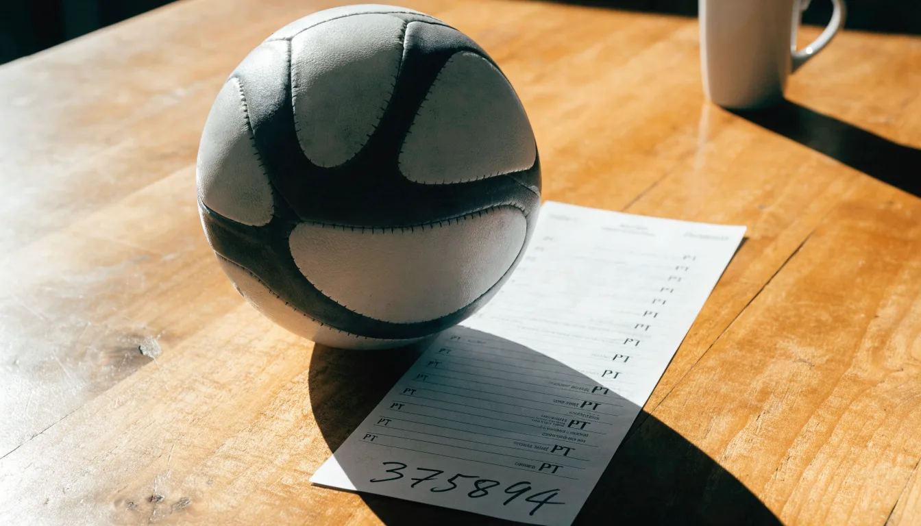 Uma bola de futebol pousada sobre um talão de apostas em branco numa mesa de madeira, à luz do dia