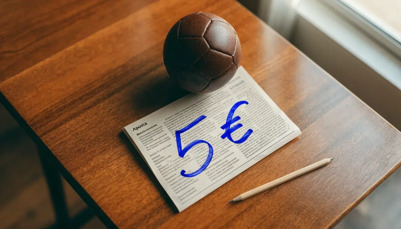 Uma bola de futebol pousada sobre um talão de apostas em branco numa mesa de madeira, à luz do dia