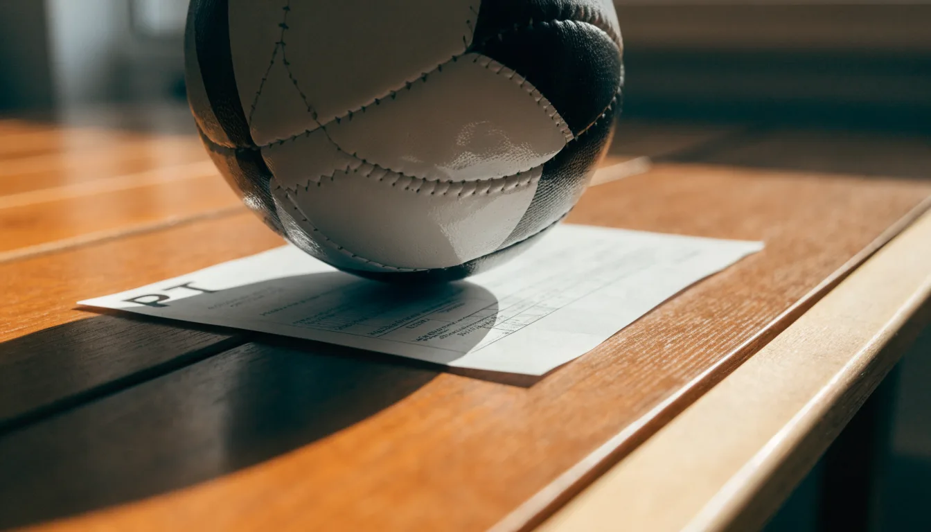 Uma bola de futebol pousada sobre um talão de apostas em branco numa mesa de madeira, à luz do dia