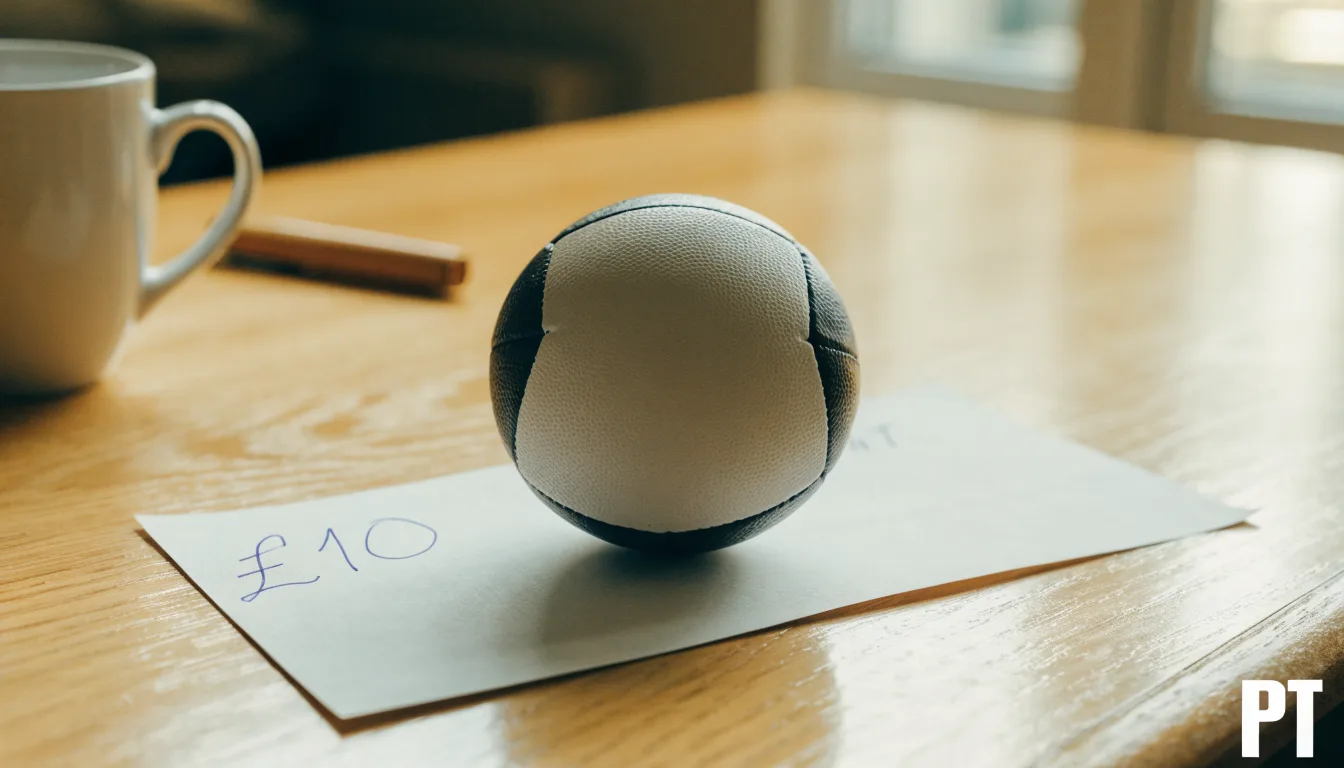 Uma bola de futebol pousada sobre um talão de apostas em branco numa mesa de madeira, à luz do dia