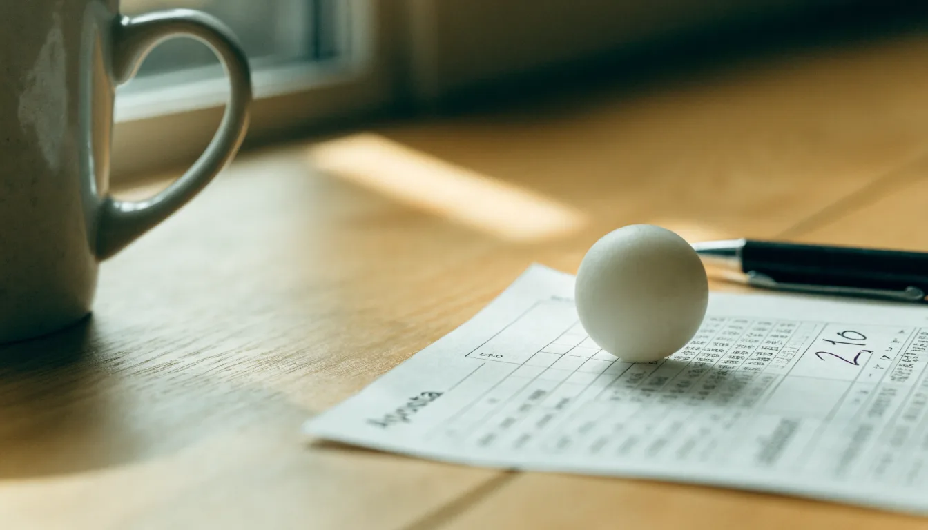 Uma bola de futebol pousada sobre um talão de apostas em branco numa mesa de madeira, à luz do dia