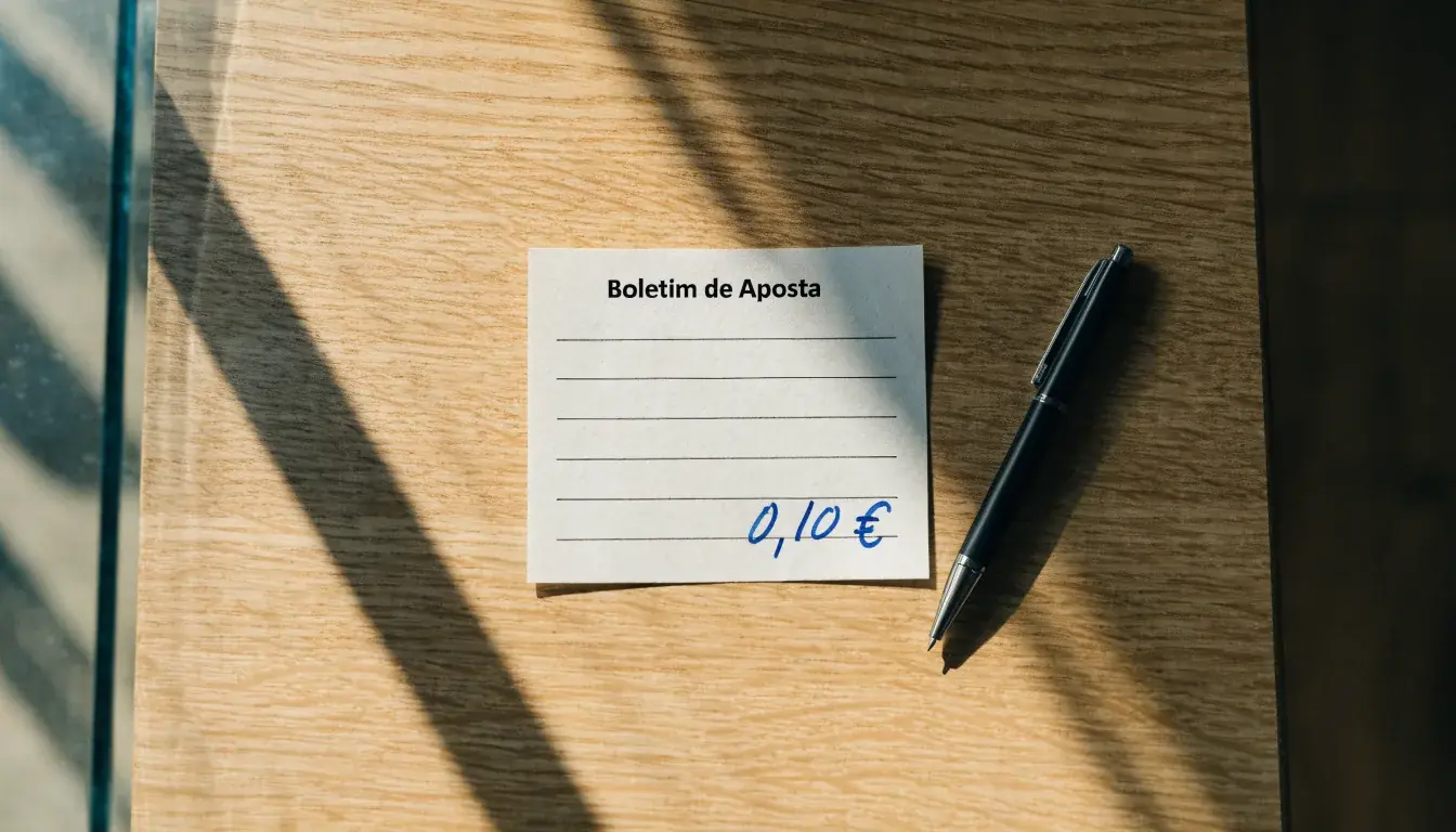 Uma bola de futebol pousada sobre um talão de apostas em branco numa mesa de madeira, à luz do dia