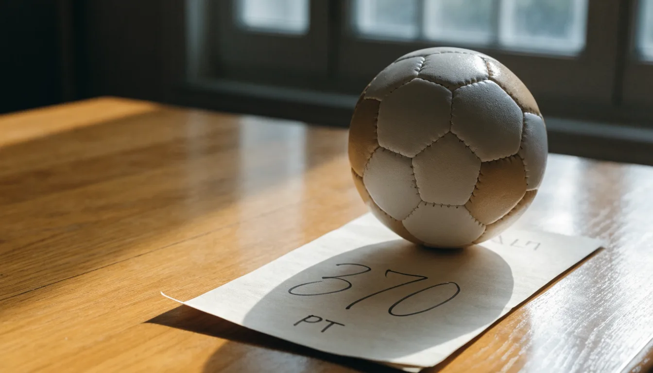 Uma bola de futebol pousada sobre um talão de apostas em branco numa mesa de madeira, à luz do dia