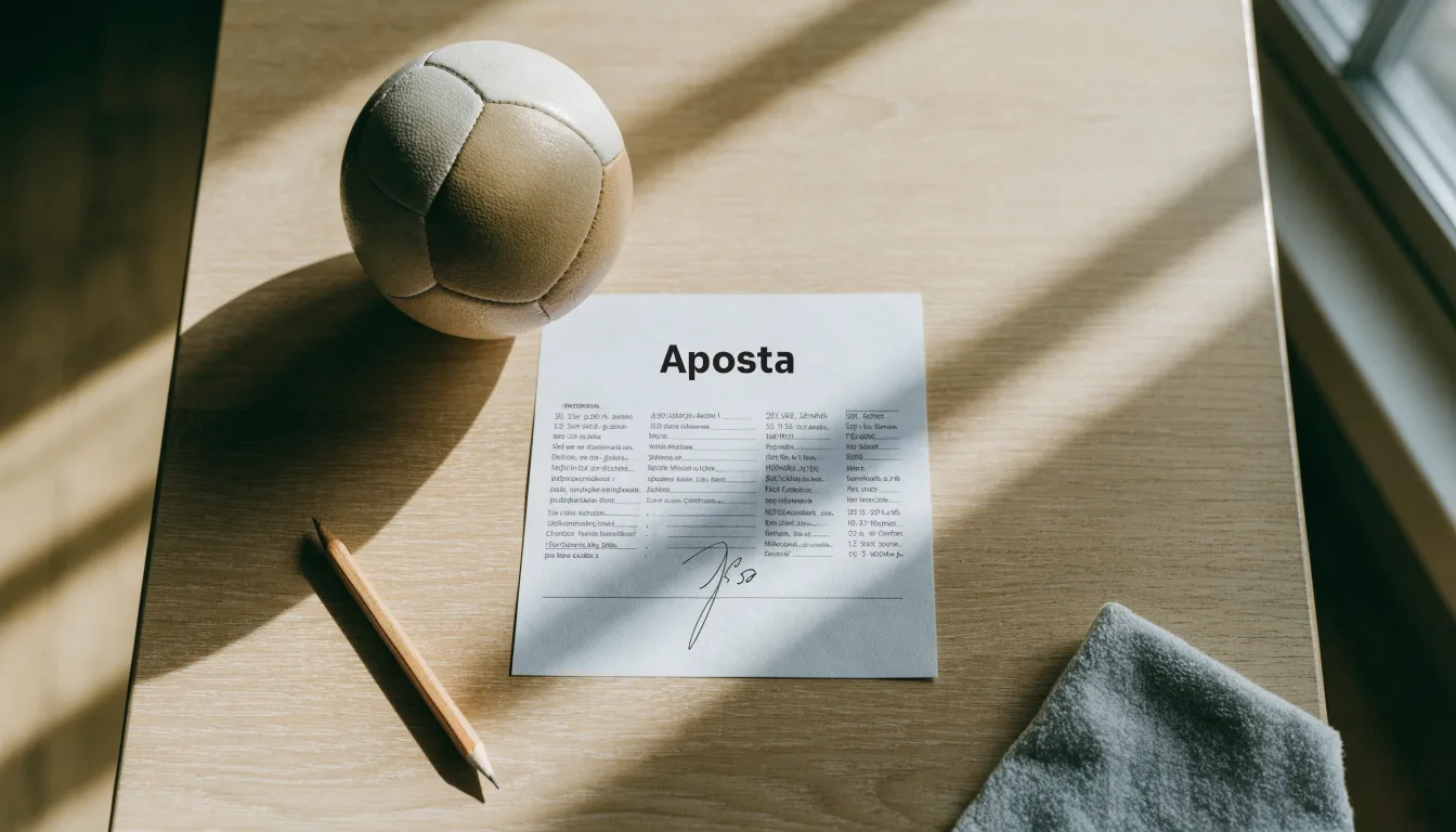 Uma bola de futebol pousada sobre um talão de apostas em branco numa mesa de madeira, à luz do dia