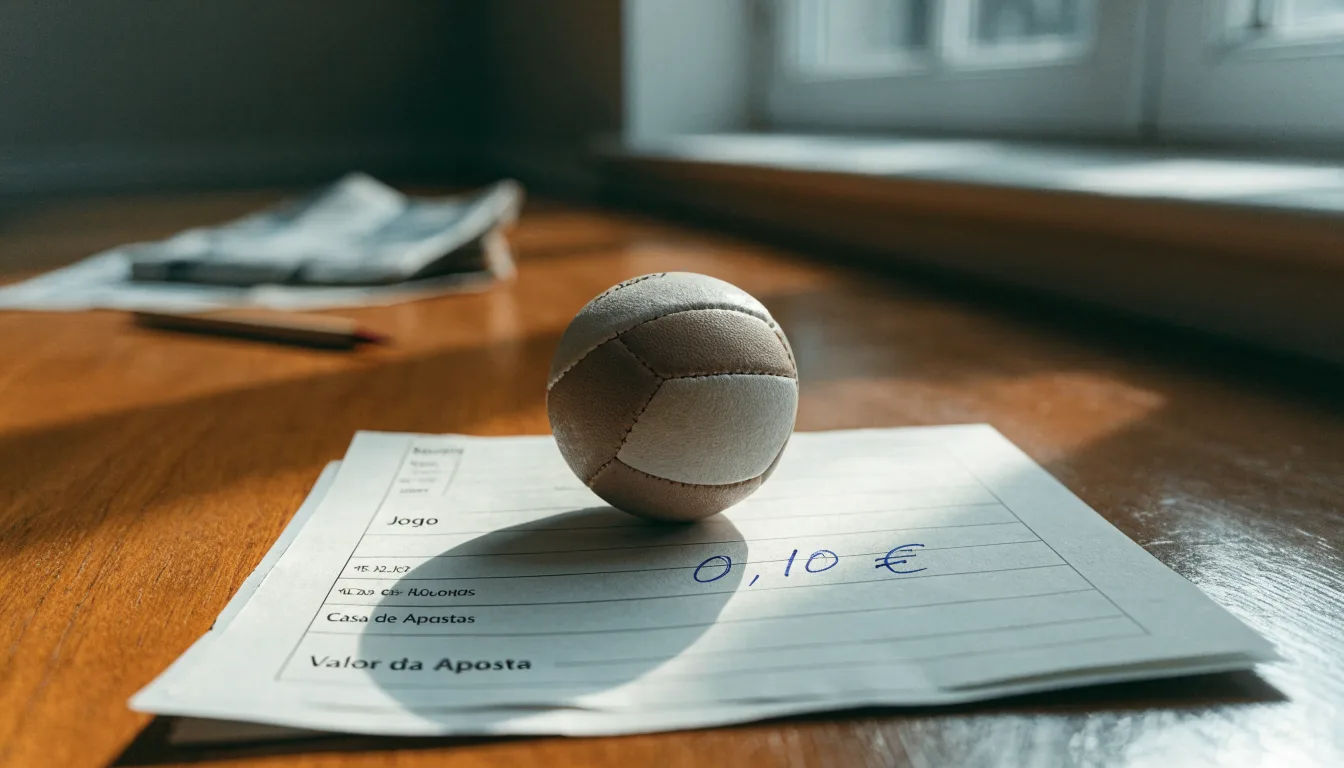 Uma bola de futebol pousada sobre um talão de apostas em branco numa mesa de madeira, à luz do dia
