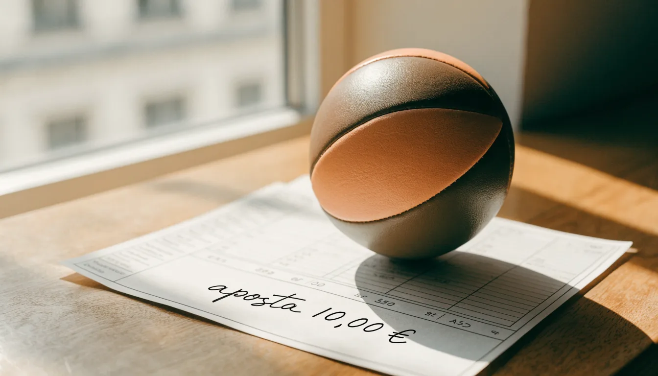 Uma bola de futebol pousada sobre um talão de apostas em branco numa mesa de madeira, à luz do dia