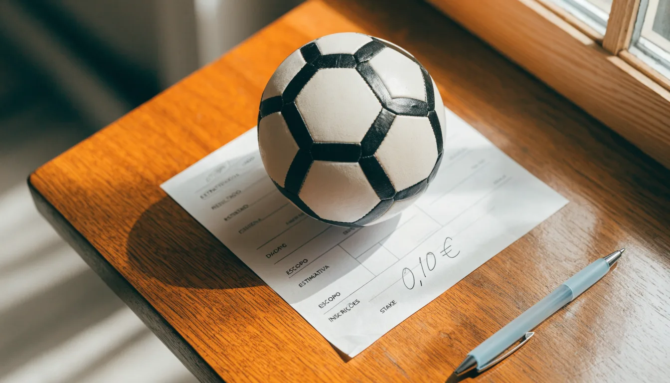 Uma bola de futebol pousada sobre um talão de apostas em branco numa mesa de madeira, à luz do dia