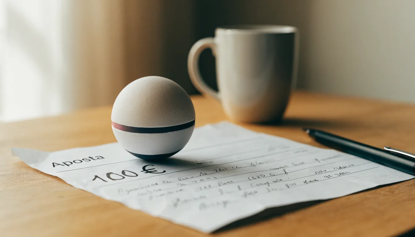 Uma bola de futebol pousada sobre um talão de apostas em branco numa mesa de madeira, à luz do dia