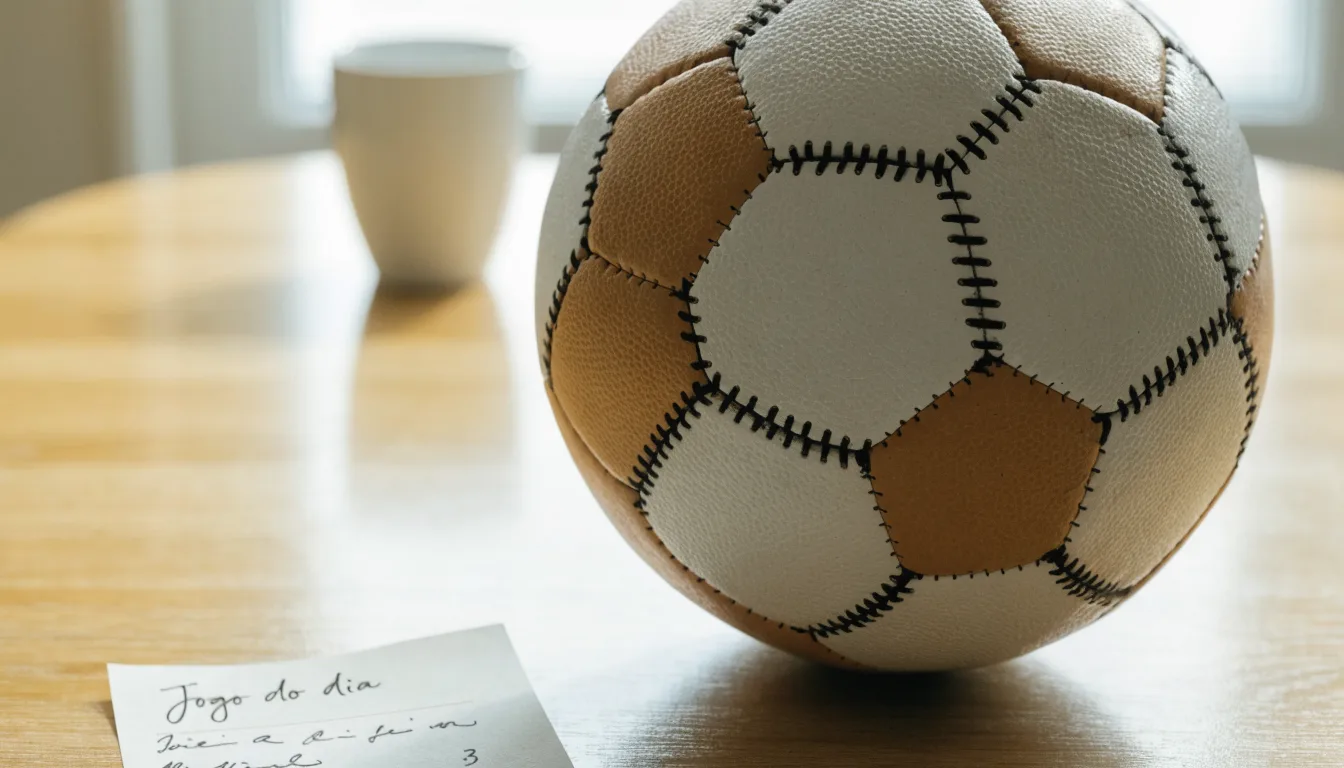 Uma bola de futebol pousada sobre um talão de apostas em branco numa mesa de madeira, à luz do dia