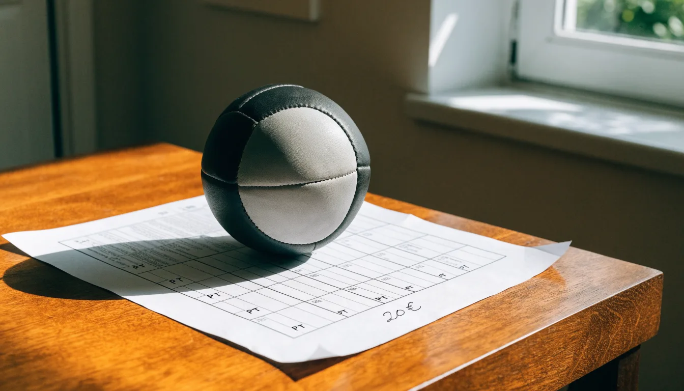 Uma bola de futebol pousada sobre um talão de apostas em branco numa mesa de madeira, à luz do dia