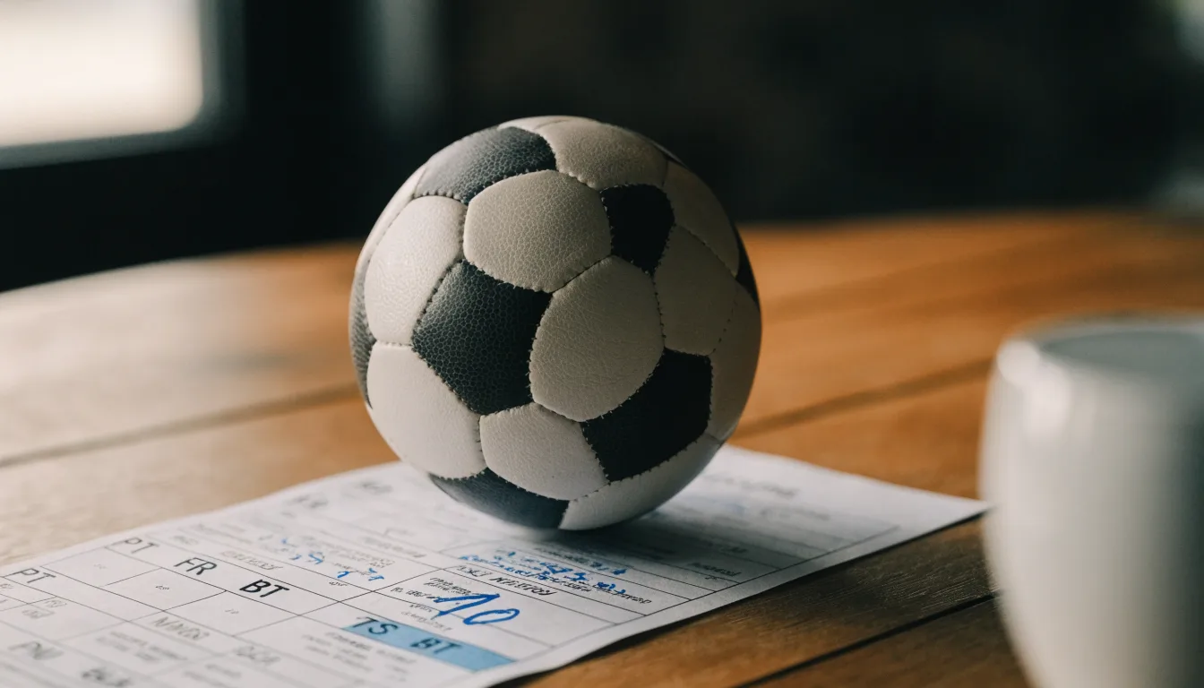 Uma bola de futebol pousada sobre um talão de apostas em branco numa mesa de madeira, à luz do dia