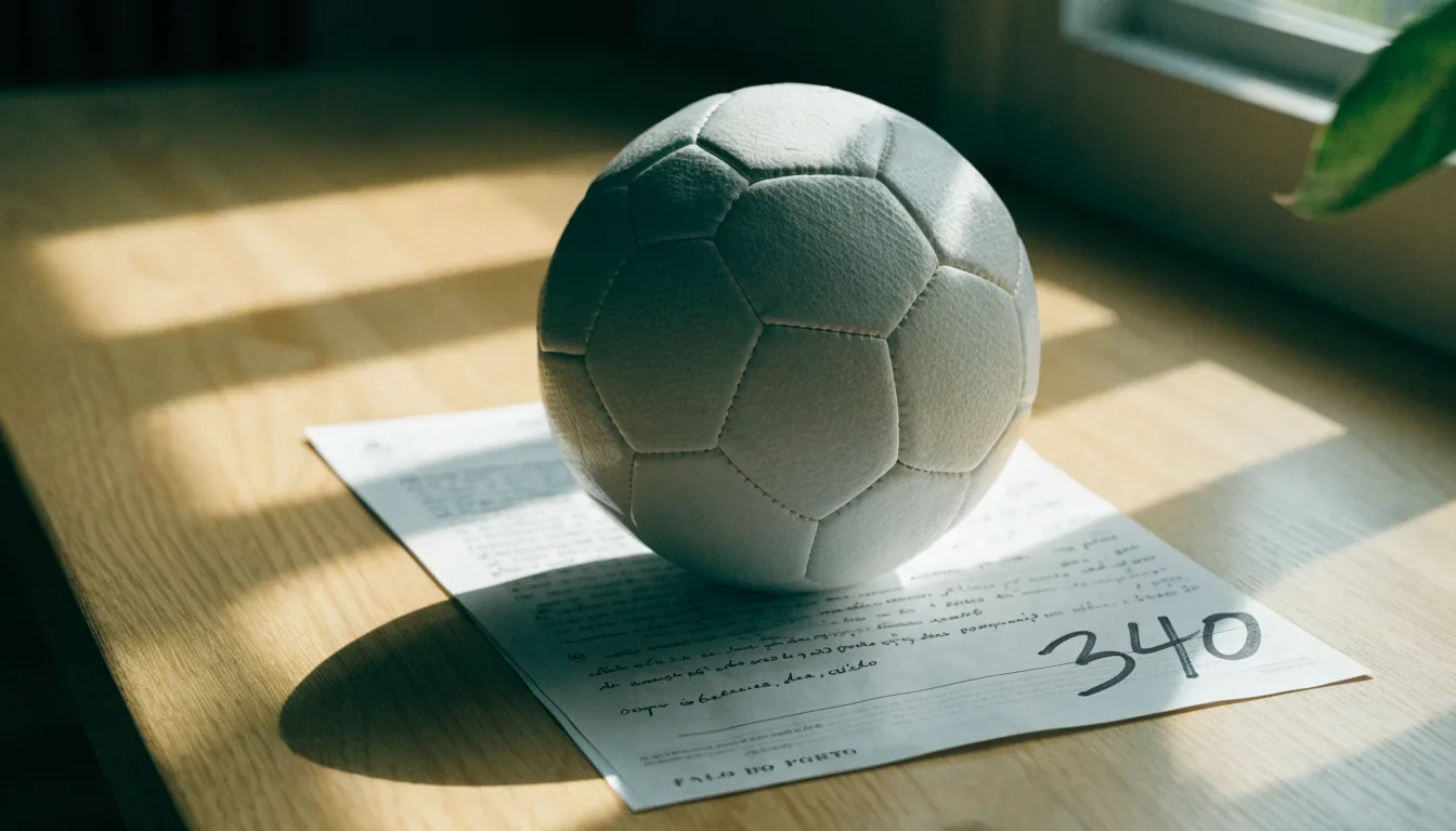 Uma bola de futebol pousada sobre um talão de apostas em branco numa mesa de madeira, à luz do dia