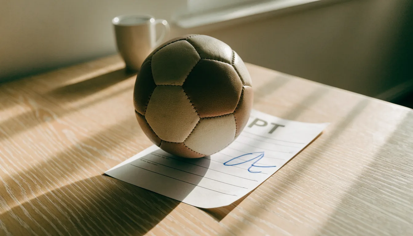 Uma bola de futebol pousada sobre um talão de apostas em branco numa mesa de madeira, à luz do dia