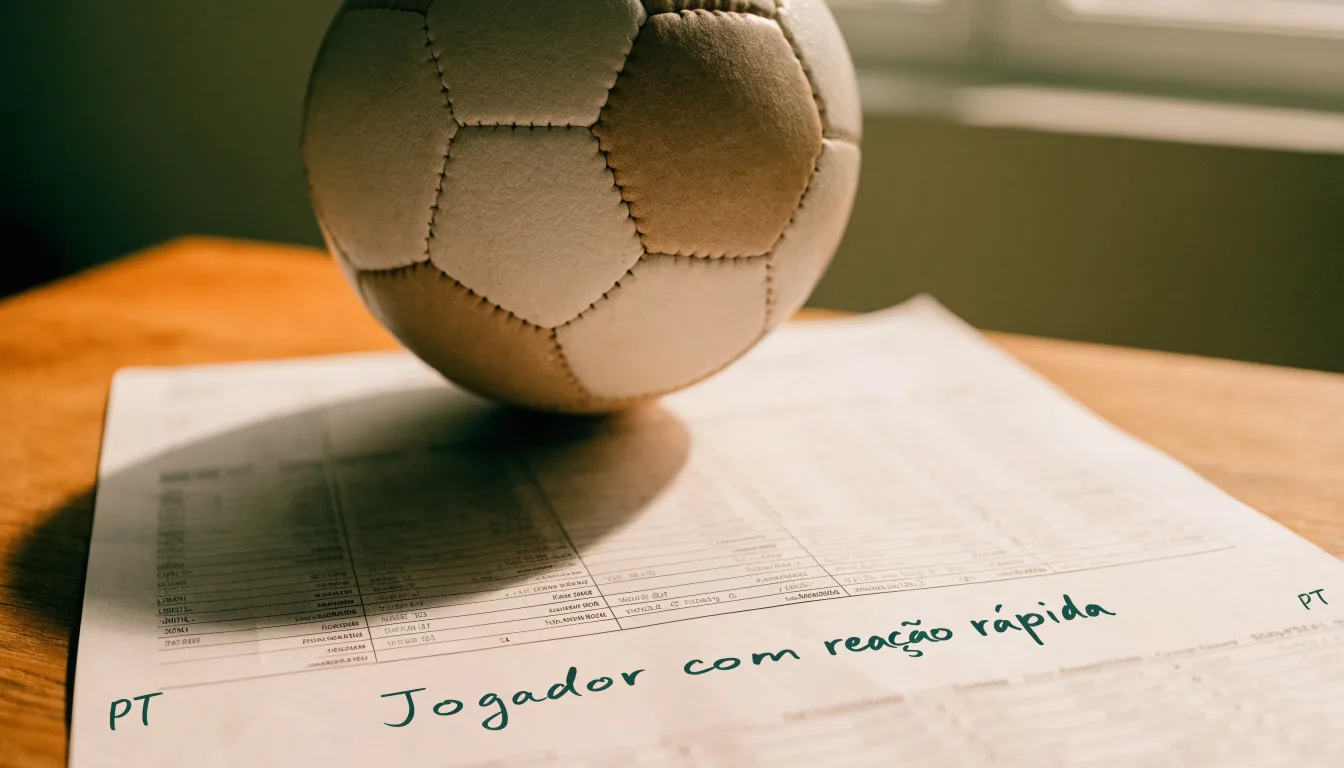 Uma bola de futebol pousada sobre um talão de apostas em branco numa mesa de madeira, à luz do dia