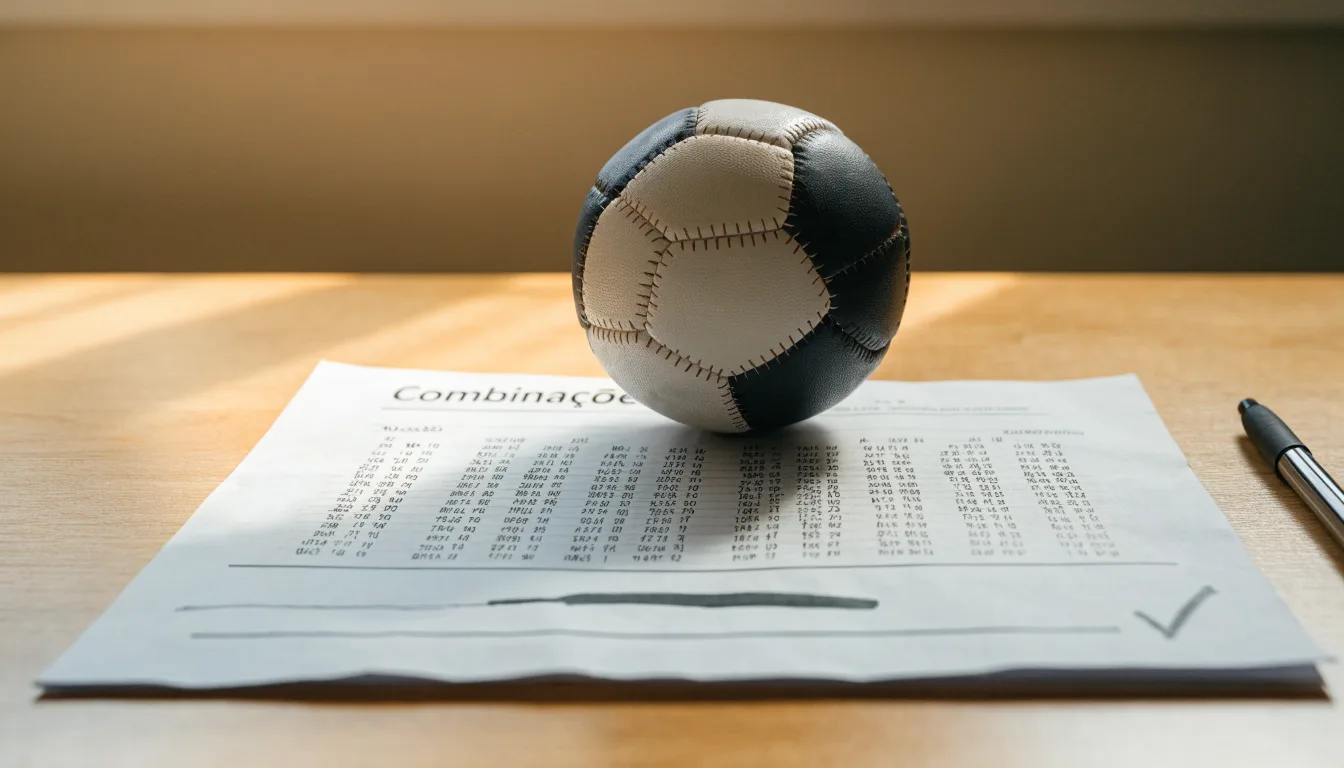 Uma bola de futebol pousada sobre um talão de apostas em branco numa mesa de madeira, à luz do dia