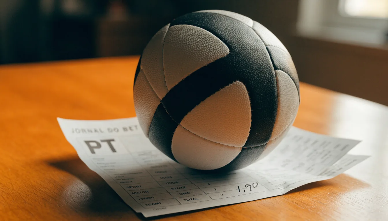 Uma bola de futebol pousada sobre um talão de apostas em branco numa mesa de madeira, à luz do dia