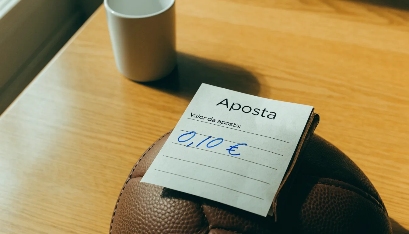 Uma bola de futebol pousada sobre um talão de apostas em branco numa mesa de madeira, à luz do dia