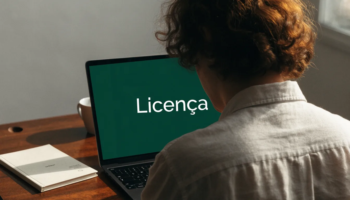 Uma folha de licença em papel com um selo vermelho, pousada numa secretária de madeira ao lado de uma caneta