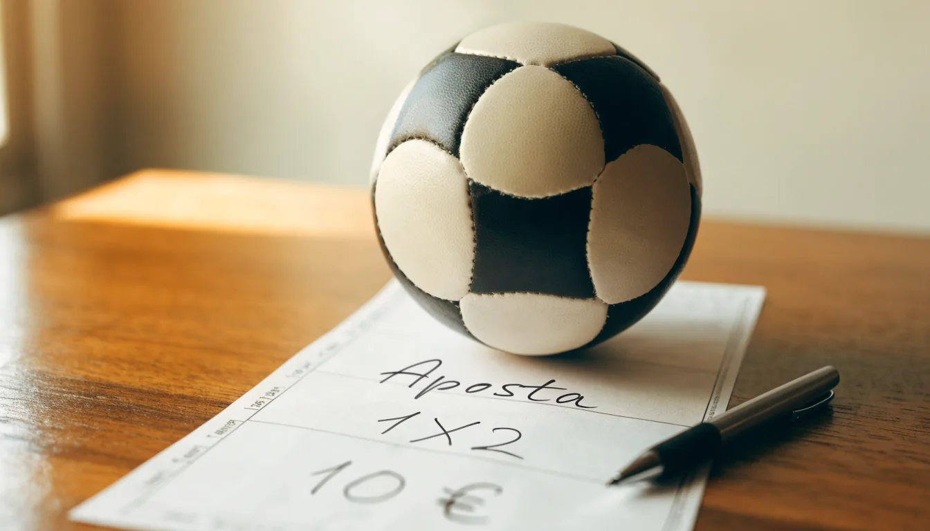 Uma bola de futebol pousada sobre um talão de apostas em branco numa mesa de madeira, à luz do dia